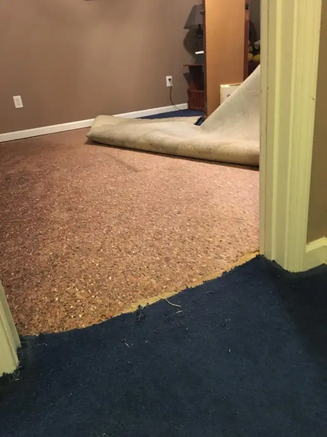 Carpet pad removal revealing water damage during Water Mitigation Services in Harpswell